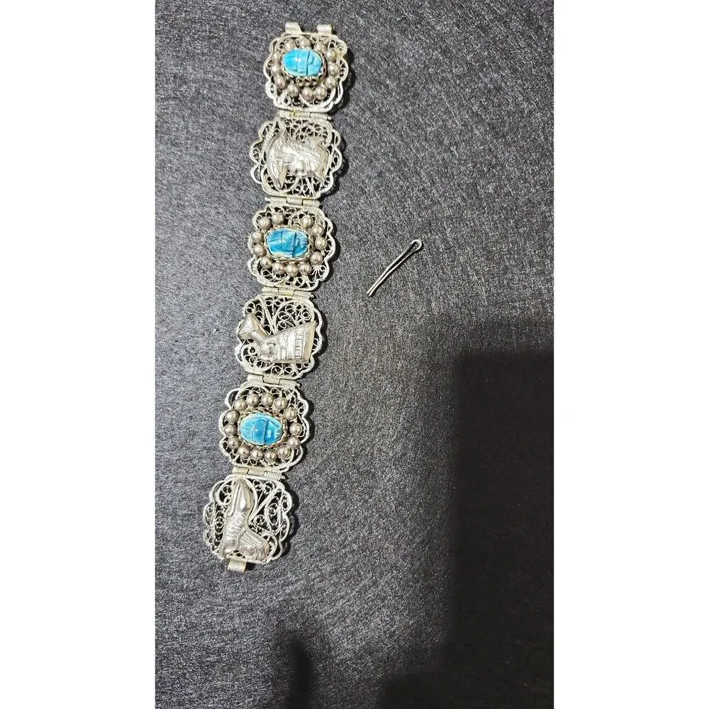 Vintage Egyption 800 Silver Faience Scarab Filagree Panel Bracelet